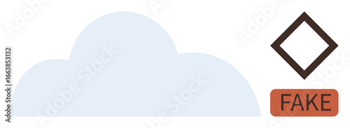 Blue cloud shape next to brown diamond and orange fake label. Ideal for concepts thumbs up misinformation, disinformation, authenticity, warning, verification, labeling, and technology. Simple flat
