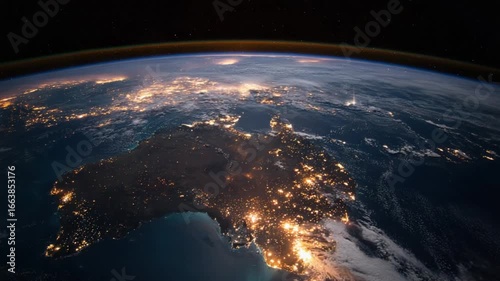 Earth's night side view reveals Australia lit by city lights, curved horizon, and starry space above