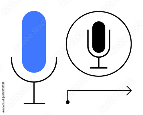 Blue microphone transitioning into black icon with arrow suggesting recording, sound, or digital shift. Ideal for technology, communication, podcasting, voice recognition, media, content creation