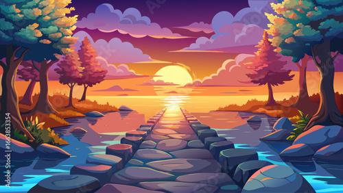 Path of stone leads forward, glowing sunset painting sky, calm water reflecting distant trees, vibrant hues shimmering brightly, timeless serenity unfolds gracefully, delicate harmony between light, n