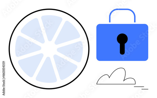 Blue lock representing security beside a circular segmented chart for analysis, accompanied by abstract elements. Ideal for data protection, privacy, analysis, strategy, technology, encryption