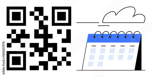 QR code next to a spiral-bound calendar under a cloud. Ideal for scheduling, time management, digitization, online tools, appointments, innovation, and efficiency. Simple flat metaphor