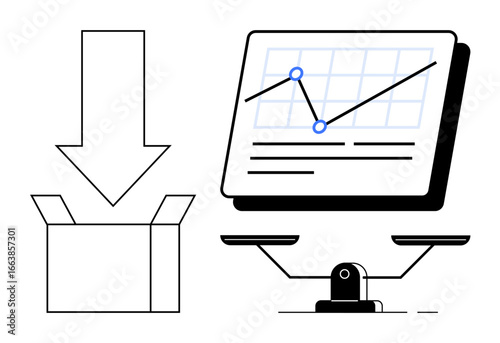 Graph screen, weighing scale, open box with arrow suggesting data extraction. Ideal for analytics, decision-making, balance, evaluation, logistics data strategy research. Simple flat metaphor