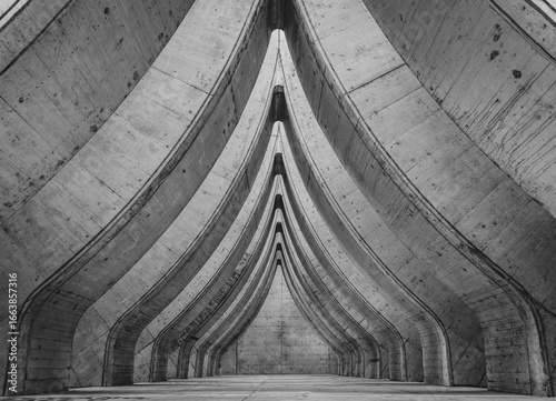 Brutalist modern concrete architecture in Zurich, Switzerland, black and white