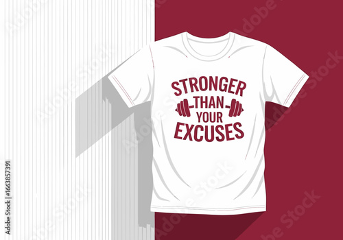 Motivating Fitness T Shirt Design with Stronger Than Your Excuses Slogan and Dumbbell Graphics for Gym Enthusiasts and Workout Aficionados