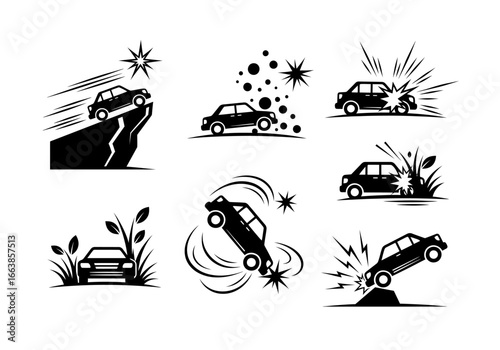 Illustrations Depicting Various Automobile Accidents and Mishaps Showing Cars in Motion Undergoing Collisions and Off-Road Incidents