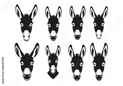 A Collection of Black and White Donkey Head Silhouettes Displayed in a Grid Pattern Showing Various Expressive Faces and Ear Positions