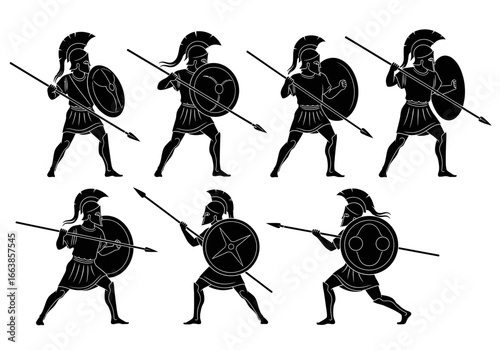 Ancient Greek warriors with shields and spears in formation ready for battle