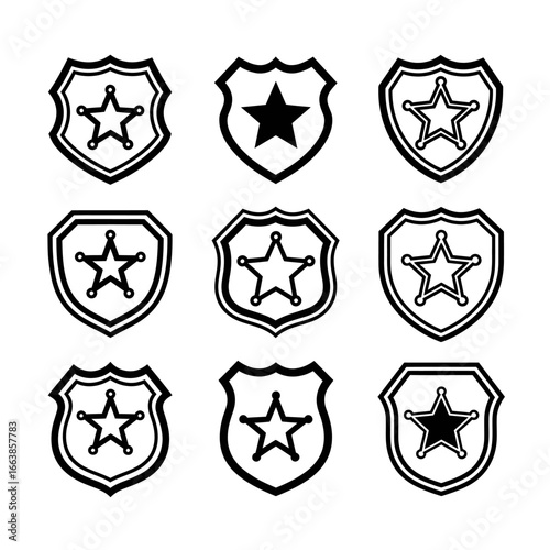 Collection of Nine Unique Shield Shaped Badges Each Featuring a Star Emblem Perfect for Law Enforcement and Security Themed Designs