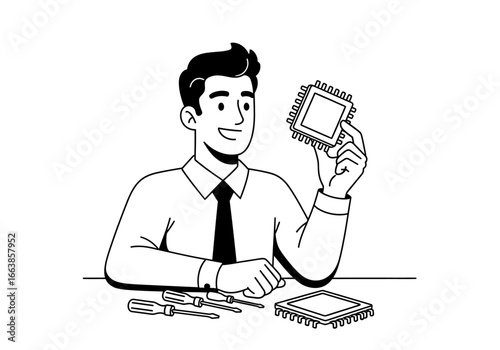 A smiling computer technician proudly displays a central processing unit chip while sitting at a desk with tools and another processor in front of him representing technology and innovation