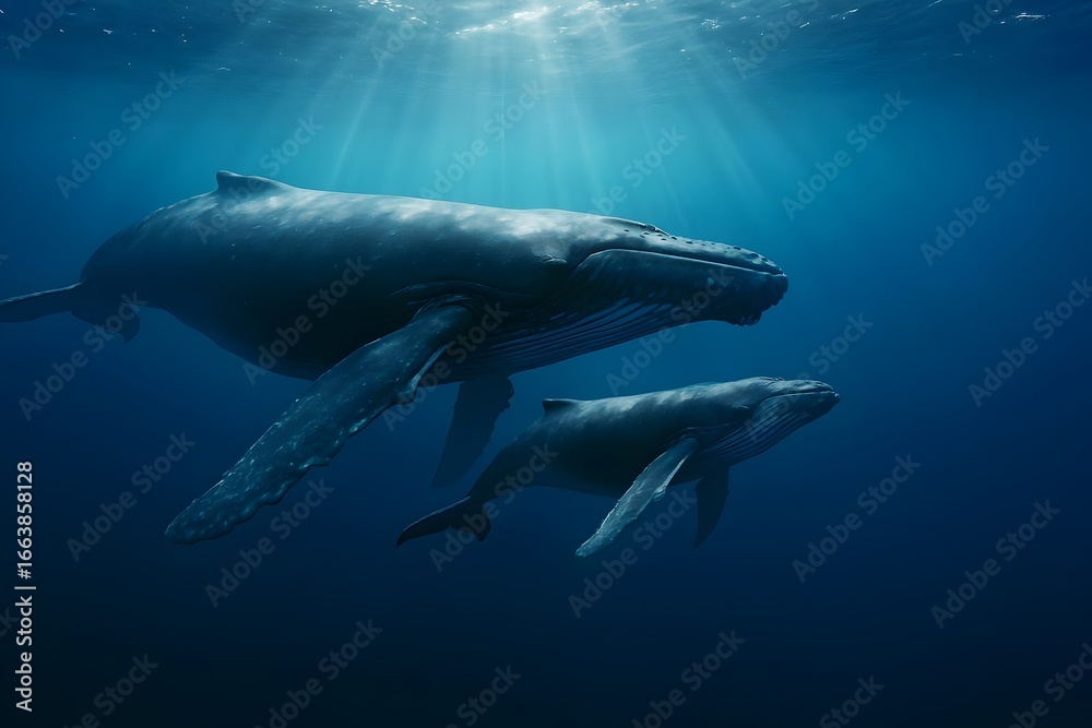 Fototapeta premium Humpback whale underwater ocean wildlife marine life aquatic animal sea giant mother and calf swimming together