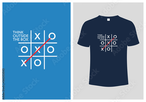 This graphic design showcases a tic tac toe game illustration with the phrase think outside the box suggesting creative problem solving and strategic thinking