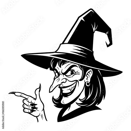 A cartoon illustration of a spooky witch with a pointy hat and a mischievous grin pointing her finger to the left side of the image