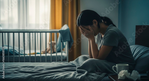 A Woman Suffering with Stress and Fatigue in Bedroom Near a Crib