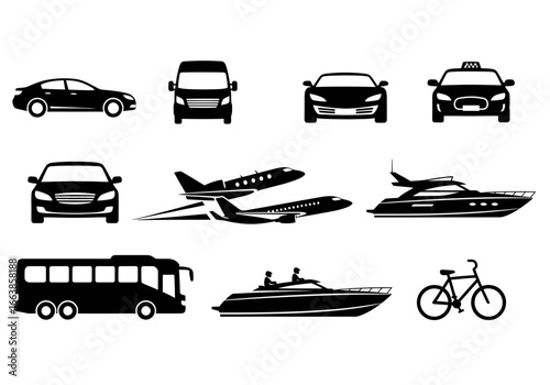 A Collection of Silhouetted Modes of Transportation Including Cars Vans Airplanes Boats and a Bicycle for Travel and Commute Concepts