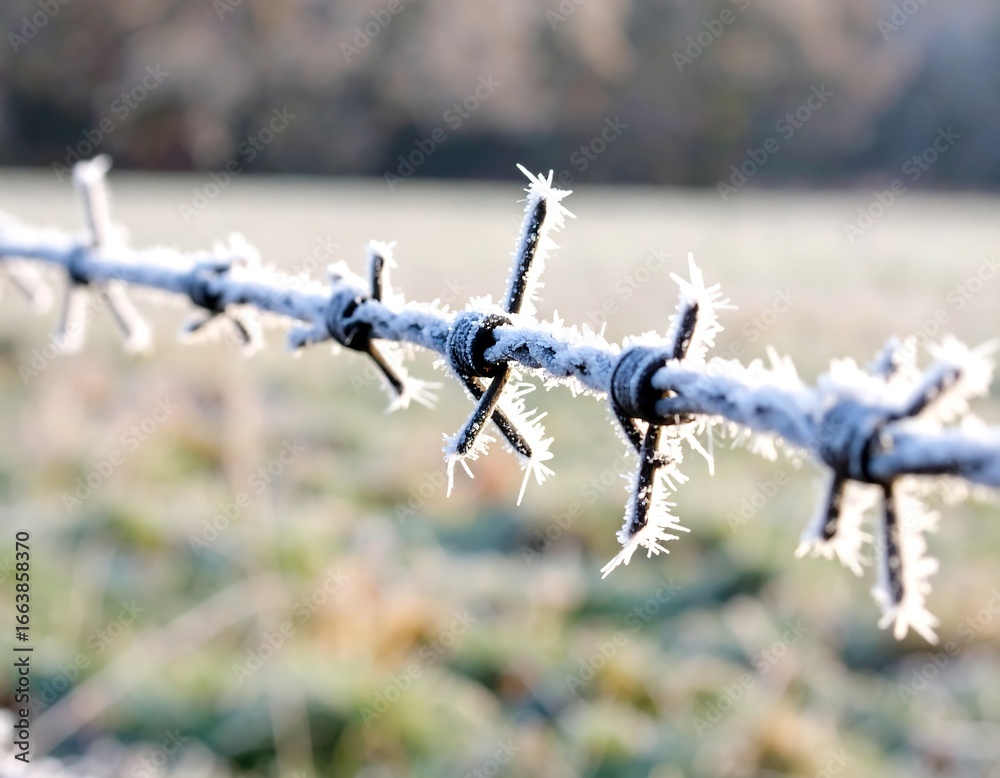 Obraz premium Frozen barbed wire fence on a frosty morning