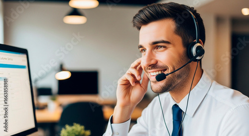 Cheerful Support Agent with Headset and Computer