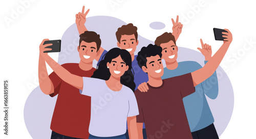 Group of friends taking a selfie with smartphones and making peace sign in a cartoon style illustration vreated with genrated ai