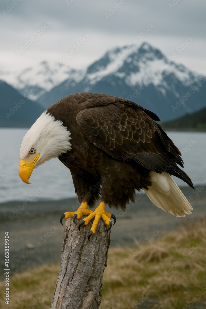 Fototapeta premium AI-Generated Image of a majestic bald eagle perched on a weathered tree stump against a dramatic Alaskan backdrop.