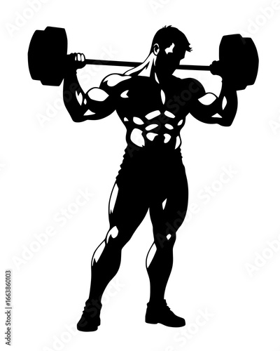 Silhouette of bodybuilder with barbell on shoulders – Fitness illustration