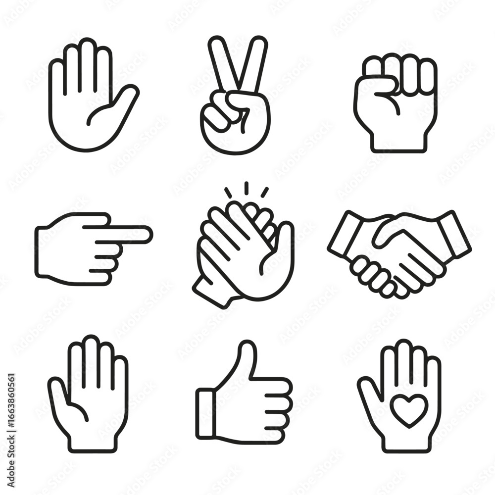 Obraz premium Iconic Hand Gestures. Line style icons of simplified symbolic hands: open palm, peace sign, fist icon, pointing index, clapping