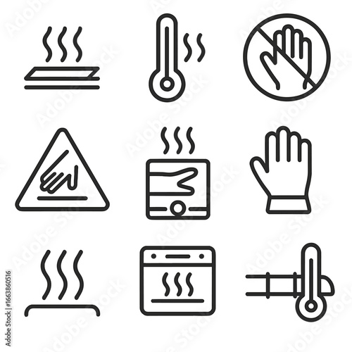 Heat Hazard Icons. Line style icons of heat and burn hazard symbols: hot surface warning, high temperature icon, no touch area,