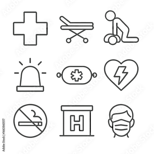 Medical Safety Icons. Line style icons of medical safety and health symbols: first aid cross icon, emergency stretcher symbol, CPR