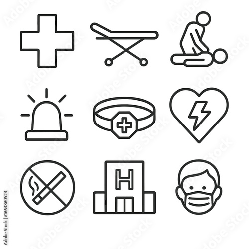 Medical Safety Icons. Line style icons of medical safety and health symbols: first aid cross icon, emergency stretcher symbol, CPR