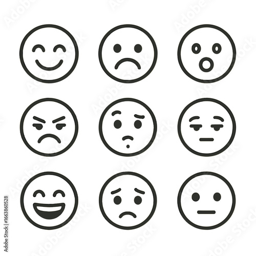 Facial Expression Icons. Line style icons of human facial expressions: happy face icon, sad face symbol, surprised expression,