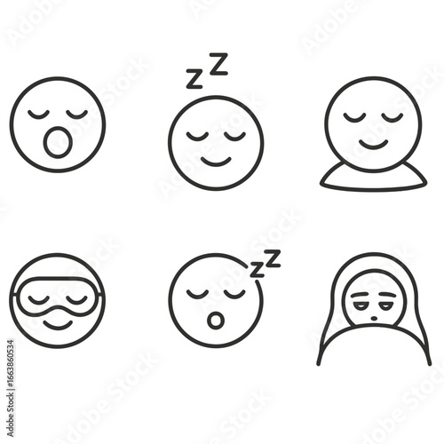 Sleepy Face Icons. Line style icons of sleep and rest faces: yawning face icon, sleeping with Zzz, eyes closed gently, pillow
