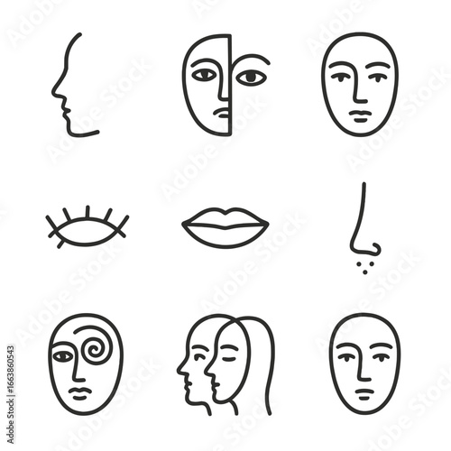 Abstract Face Line Art. Line style icons of simplified abstract faces: one-line face profile, split eye face, half-face symmetry,