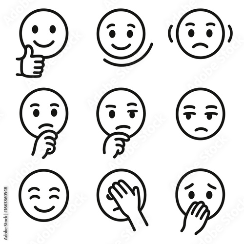 Face Reaction Icons. Line style icons of face reaction and gesture icons: face with thumbs up, face nodding yes, face shaking no,