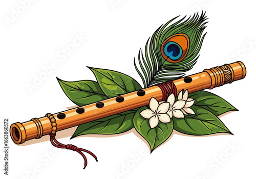 Lord Krishna's bansuri flute with peacock feather and jasmine flowers vector illustration