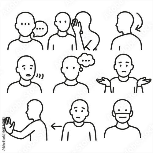 Conflict Avoidance Icons. Line style icons of conflict avoidance and passive behavior: silence with ellipsis, avoiding eye contact