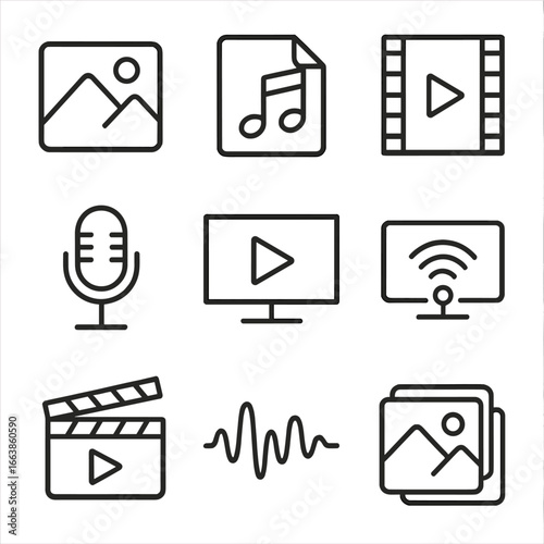 Multimedia Icons Collection. Line style icons of multimedia content types: photo icon, music note over file, video frame icon,