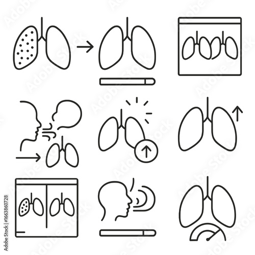Lung Recovery Icons. Line style icons of lungs before and after quitting: dark lung side, clean lung outline, arrow from smoke to