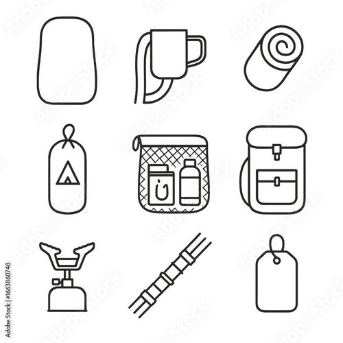 Ultralight Backpacking Icons. Line style icons of ultralight backpacking gear: minimalist pack silhouette, titanium cup clipped to