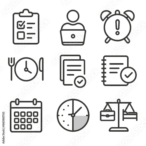 Iconic Daily Routine. Line style icons of structured daily routines: morning checklist, focused work block icon, break timer alert