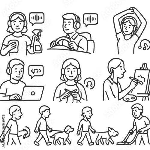 Multitasking with Audiobooks. Line style icons of multitasking and audio reading: doing chores with narration, audiobook while
