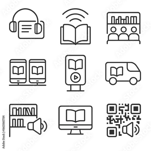 Audiobook Access Icons. Line style icons of community and public audiobook access: library card with headphones, public Wi-Fi