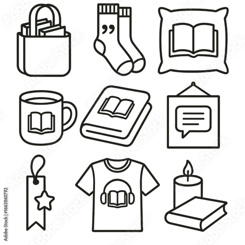 Book Lover's Essentials. Line style icons of book-themed lifestyle items: tote bag with books, socks with quotes icon, pillow with