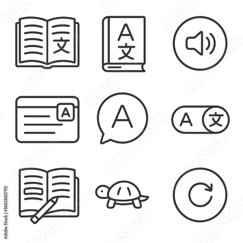 Language Learning Icons. Line style icons of language learning through reading: dual language page icon, translated book symbol,