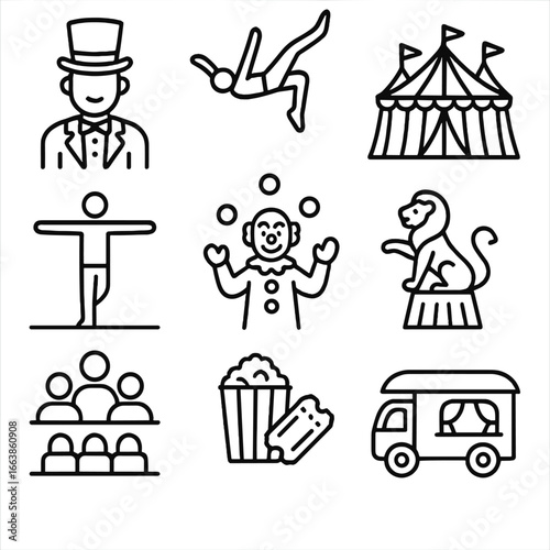 Circus Line Icons. Line style icons of circus and traditional traveling shows: ringmaster icon, acrobat mid-air, circus tent with
