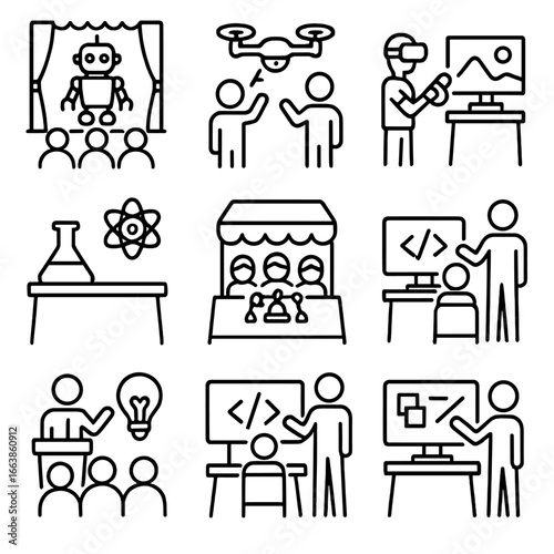 Innovation Expo Highlights. Line style icons of science and innovation expos: robot on stage, drone demo icon, virtual reality