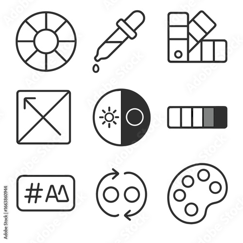 Color Tools Icons. Line style icons of color and visual aesthetics: color wheel, eyedropper tool icon, swatch book fan, gradient