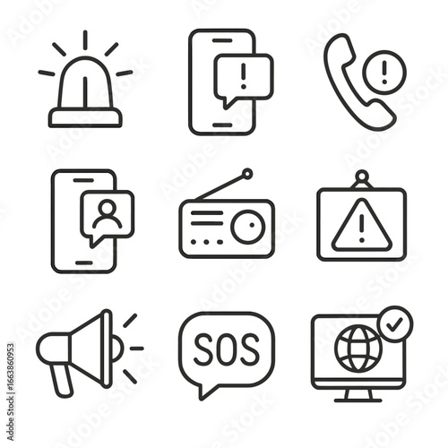 Emergency Communication Icons. Line style icons of emergency and critical communication: warning siren icon, red alert message,