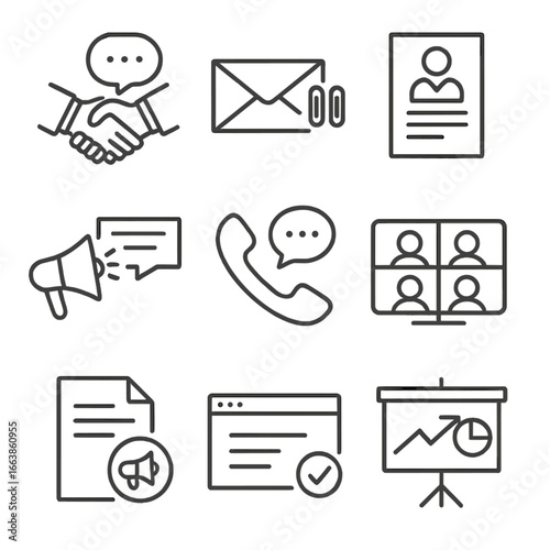 Business Communication Icons. Line style icons of professional and business communication: formal handshake with chat bubble,