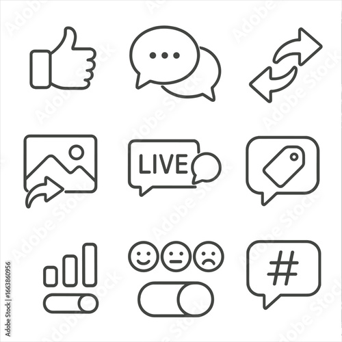 Social Media Icons. Line style icons of social and digital engagement: like icon with chat, comment thread bubble, shared post