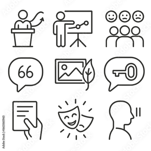 Storytelling Icon Set. Line style icons of storytelling in public speaking: speaker with narrative arc, story timeline on board,