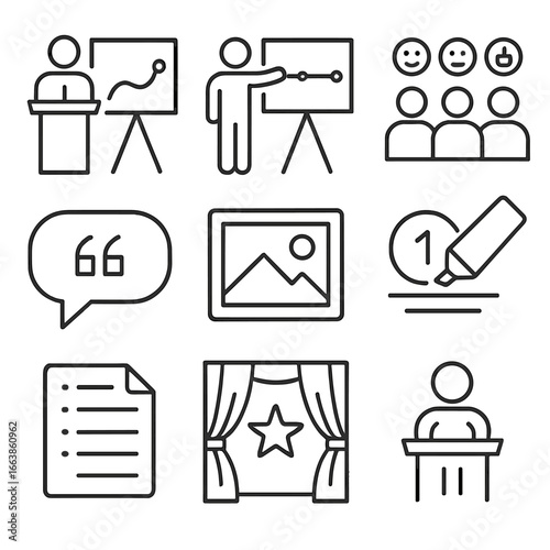 Storytelling Icon Set. Line style icons of storytelling in public speaking: speaker with narrative arc, story timeline on board,